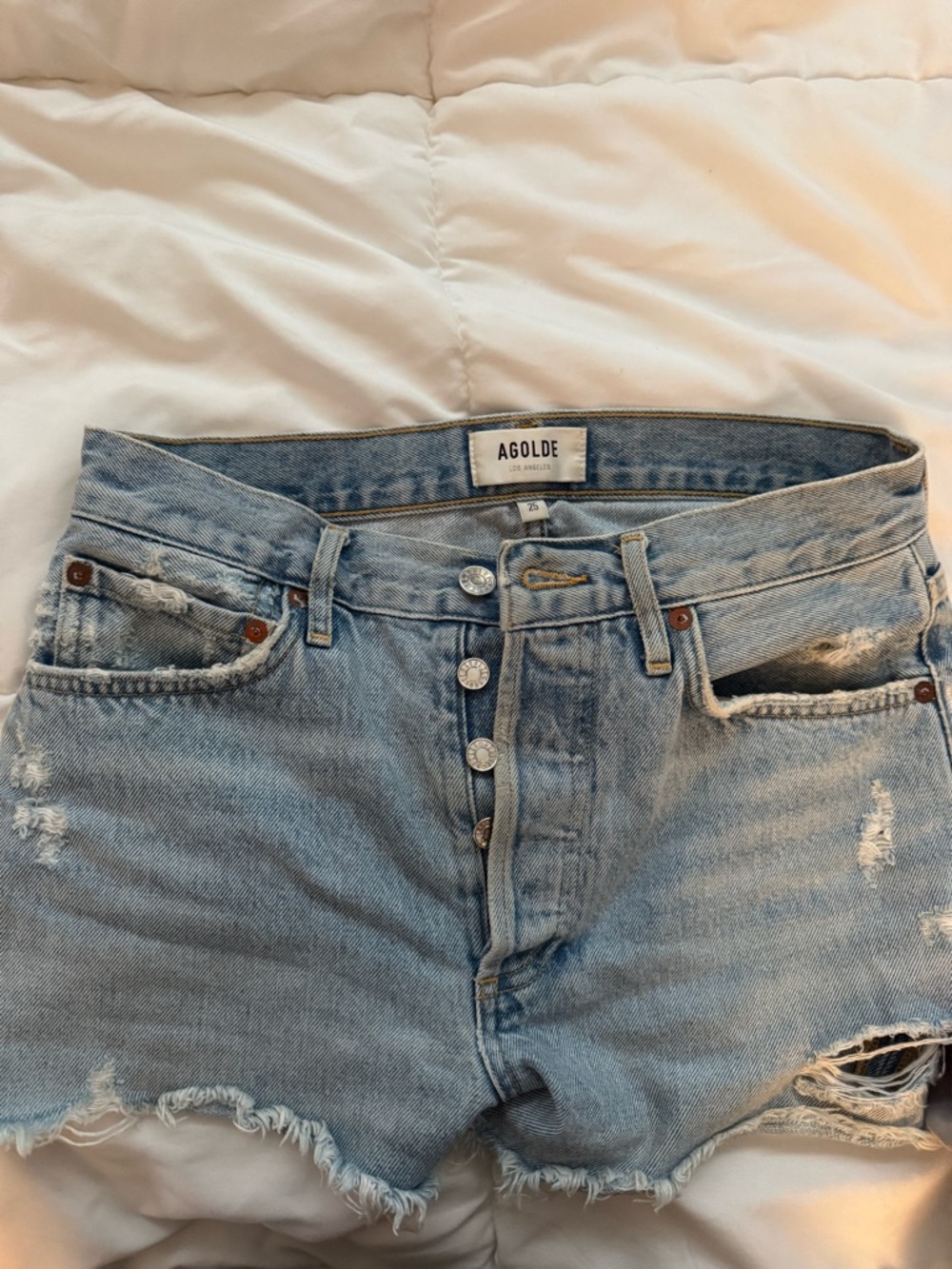 Agolde Light Blue Frayed Hem Distressed Denim Shorts - Picture 2 of 3